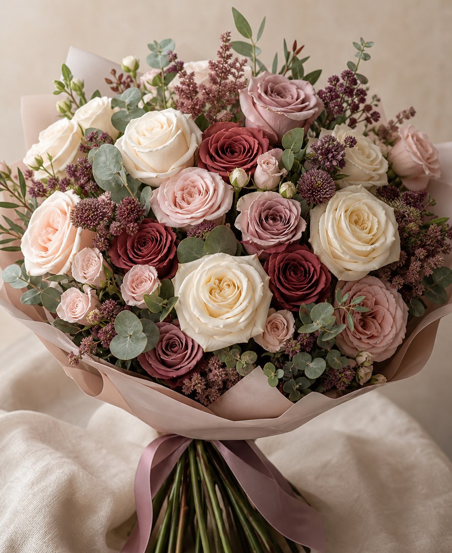 Miękkie odcienie różu, kremu i głębokiego mauve, układane ręcznie z naturalnym rytmem.